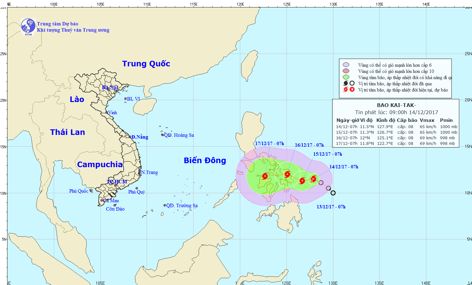 Dự báo hướng di chuyển của bão Kai-tak.