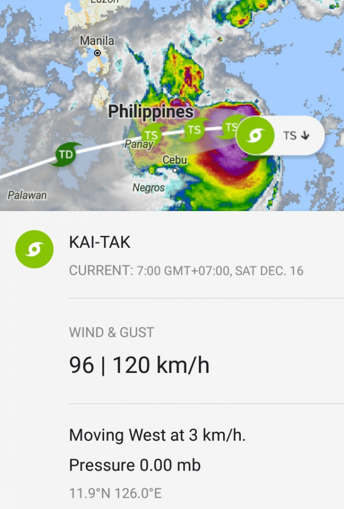 Bão Kai-tak đang gây gió giật 120km/h vào sáng 16/12 tại Philippines.