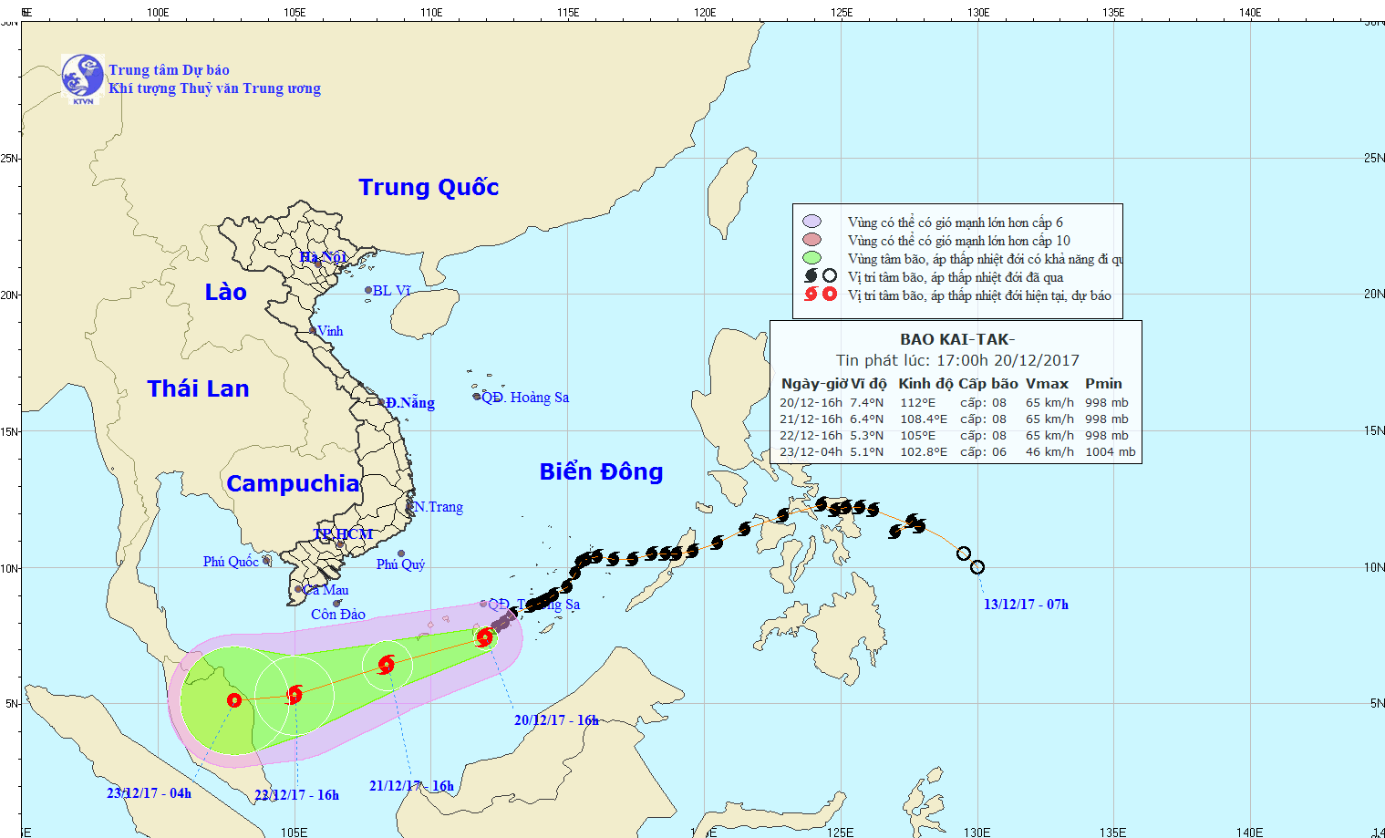 Dự báo hướng di chuyển của bão Kai-tak.