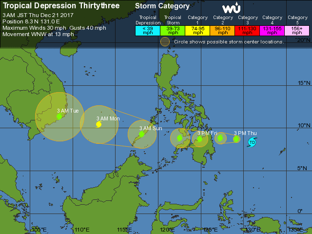 Dự báo hướng di chuyển của bão Tembin trong 5 ngày tới - Nguồn: Wunderground