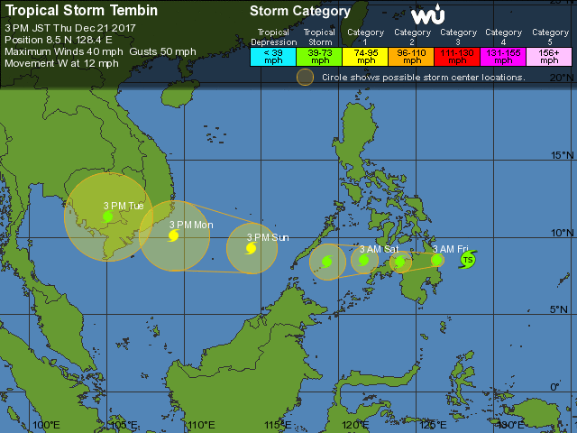 Dự báo hướng di chuyển Tembin trong 5 ngày tới vào thời điểm chiều 21/12.