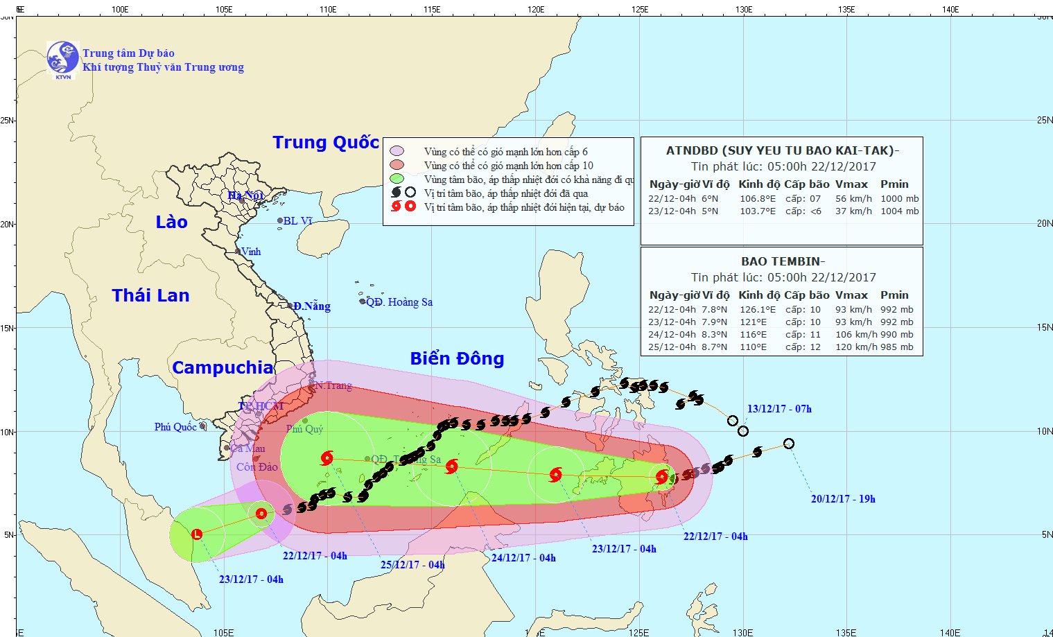 Dự báo hướng di chuyển bão Tembin vào thời điểm 5h sáng 22/12.