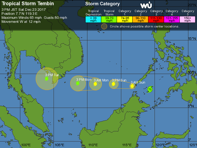 Dự báo hướng di chuyển và cường độ bão số 16 Tembin trong 5 ngày tới tính đến thời điểm chiều 23/12