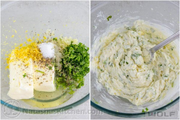 Dùng một chiếc bát nhỏ, trộn hỗn hợp gia vị gồm bơ, tỏi băm nhỏ, một ít ngò băm nhỏ, ½ thìa cà phê tiêu và muối cùng nước cốt chanh, trộn thật đều.