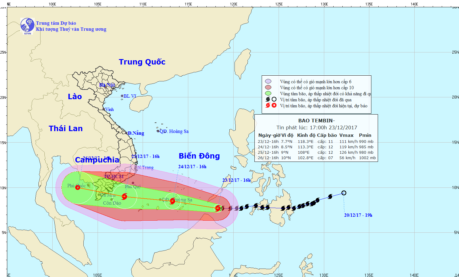 Dự báo hướng di chuyển của bão Tembin thời điểm 17h 23/12.