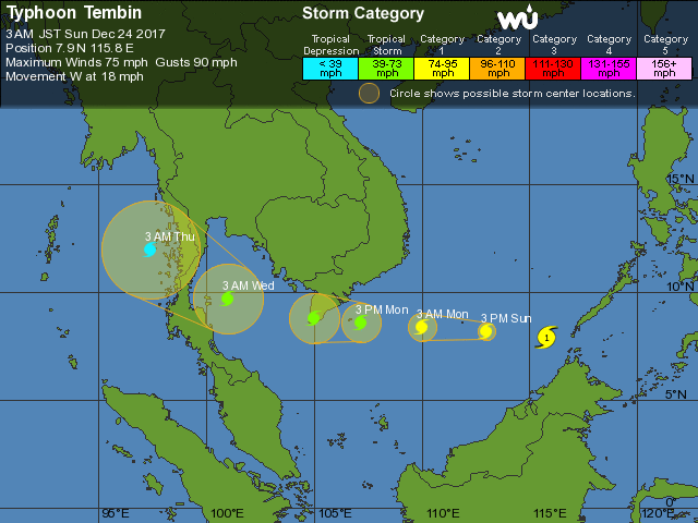 Dự báo hướng di chuyển và cường độ bão Tembin thời điểm sáng 24/12.
