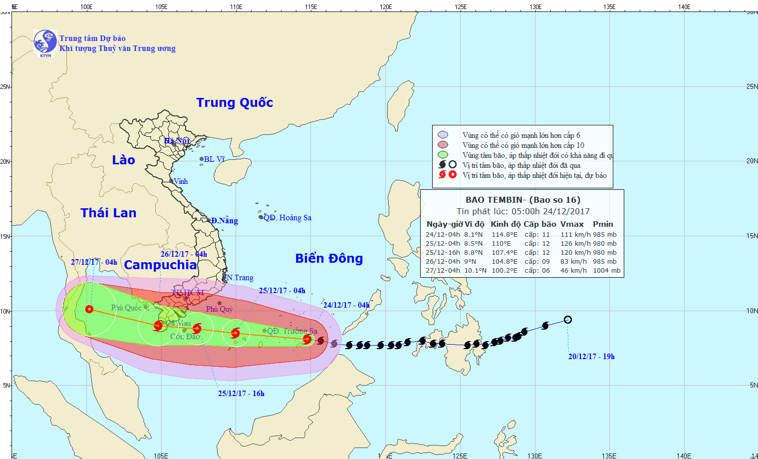 Dự báo hướng di chuyển của bão Tembin.