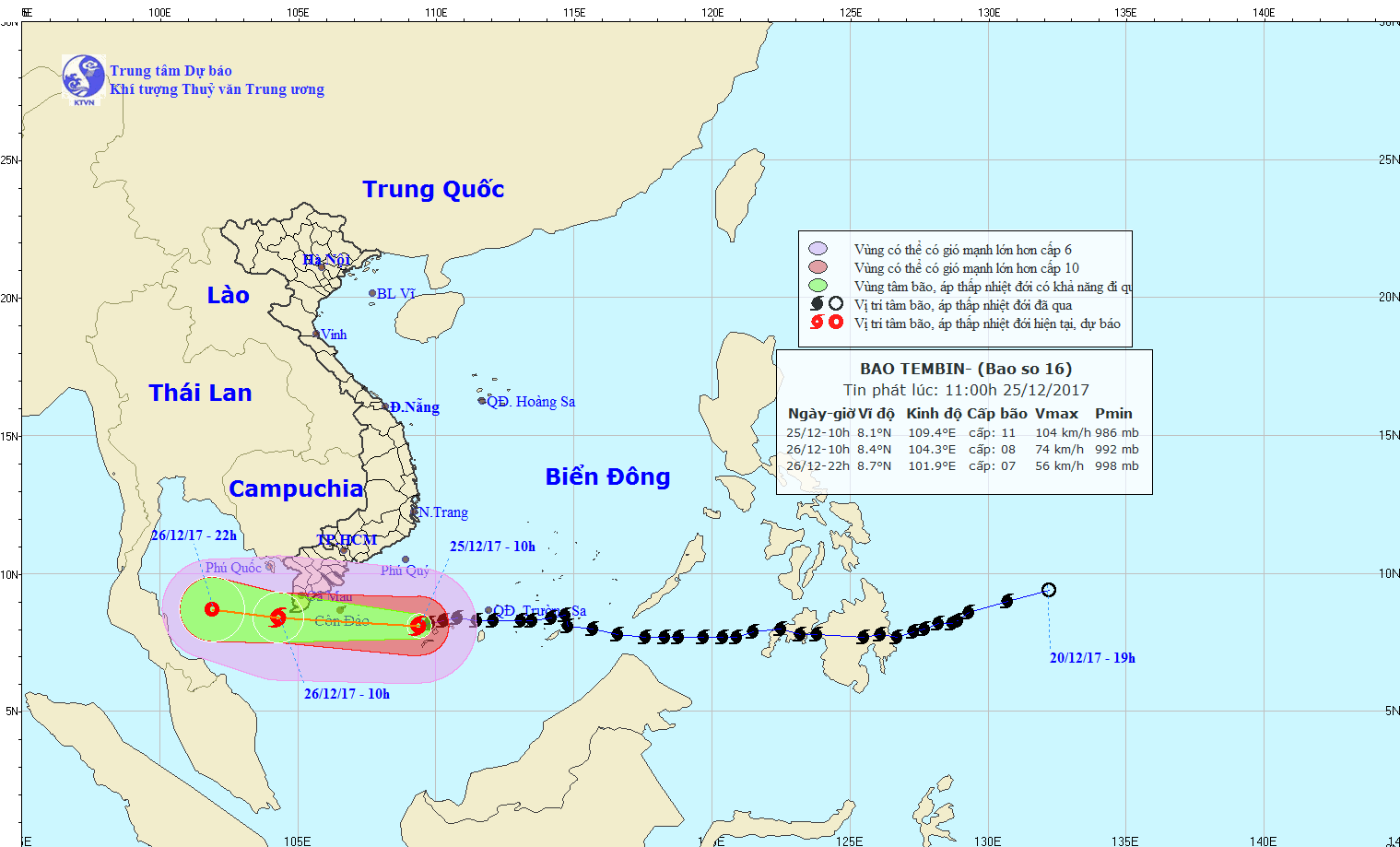Dự báo hướng di chuyển và cường độ bão số 16 Tembin.