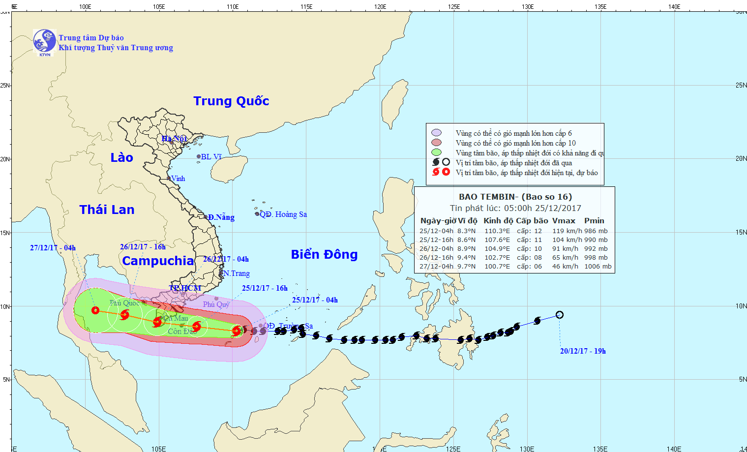 Dự báo hướng di chuyển của bão số 16 Tembin.