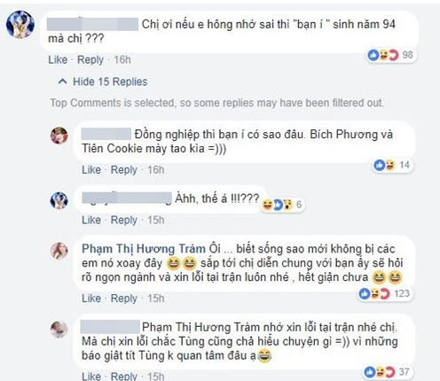   Trên trang Facebook của Hương Tràm, có hàng trăm bình luận chỉ trích cô từ phía fan Sơn Tùng.  