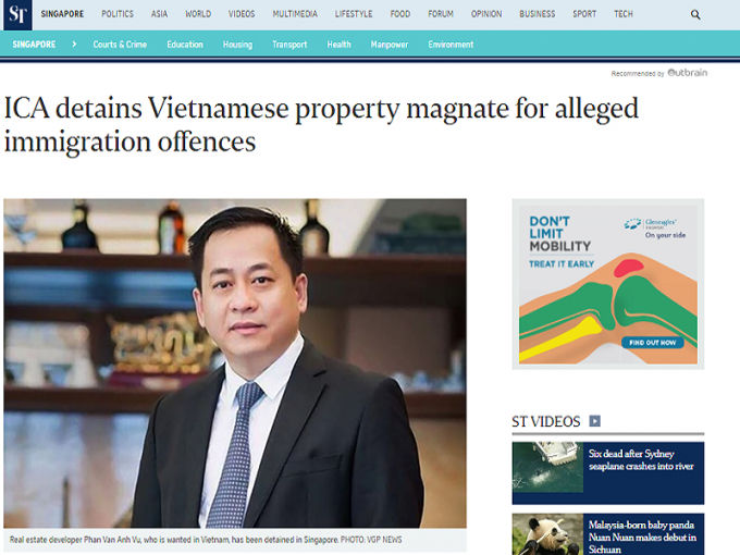 Tờ Straits Times của Singapore sử dụng hình ảnh được cho là ông Phan Van Anh Vu  trên bản tin. (Ảnh chụp màn hình)