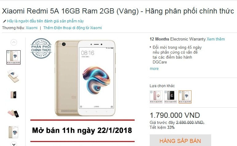 Xiaomi Redmi 5A được bán độc quyền trên Lazada từ 22/1 với giá 1,79 triệu đồng, giảm 33% so với 2,69 triệu đồng trước đó được bán trên Thế Giới Di Động.