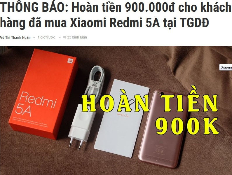 Thông báo hoàn tiền của Thế Giới Di Động cho khách hàng mua Xiaomi Redmi 5A.