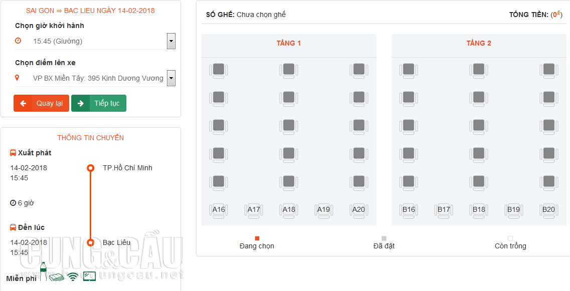 Vé xe Tết về Bạc Liêu hiện đang còn trên trang web bán vé của nhà xe Phương Trang. Ảnh chụp màn hình.