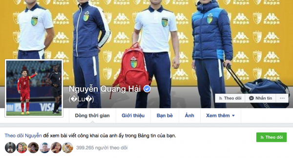 Facebook của Quang Hải cũng đã có dấu tích xanh.
