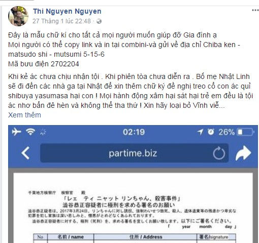 Gia đình bé Nhật Linh ở Việt Nam sẵn sàng tiếp nhận chữ kí của mọi người để gửi sang Nhật đòi lại công bằng cho cháu