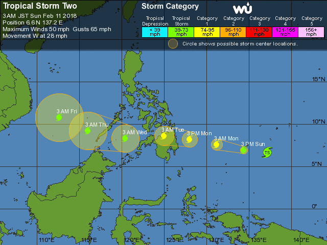 Dự báo hướng di chuyển của áp thấp nhiệt đới có khả năng mạnh lên thành bão số 2, tên quốc tế Sanba trong 5 ngày tới.
