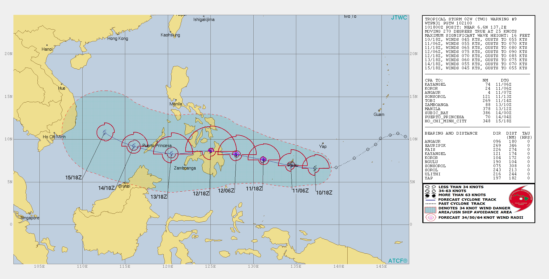 Dự báo cường độ và hướng di chuyển của áp thấp nhiệt đới có khả năng mạnh lên thành bão của Hải quân Mỹ.