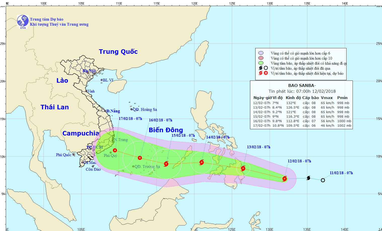 Dự báo hướng di chuyển và cường độ bão Sanba khi vào Biển Đông.