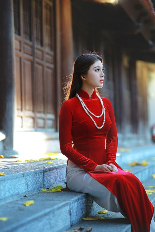 Nếu thích vẻ cổ điển, áo dài đỏ được làm từ chất liệu nhung sẽ là lựa chọn tuyệt vời cho nàng. Đối với loại áo dài này, chỉ cần nhấn nhá thêm vòng cổ hay hoa tai là đã đủ xinh hết phần thiên hạ.