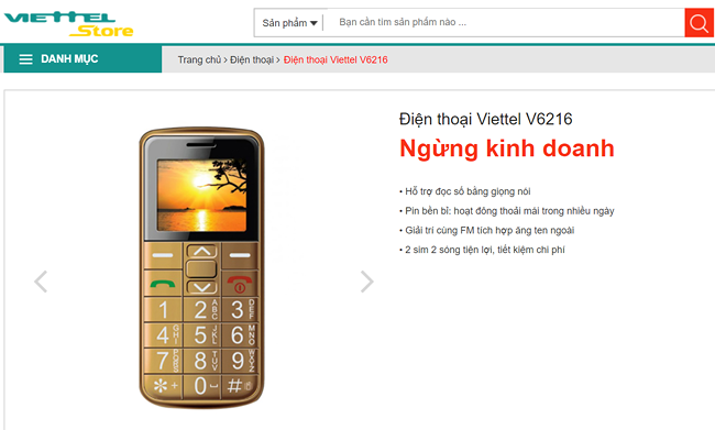 Viettel Store hiện đã thông báo ngừng kinh doanh mẫu điện thoại Viettel V6216. (Ảnh chụp màn hình viettelstore.vn).