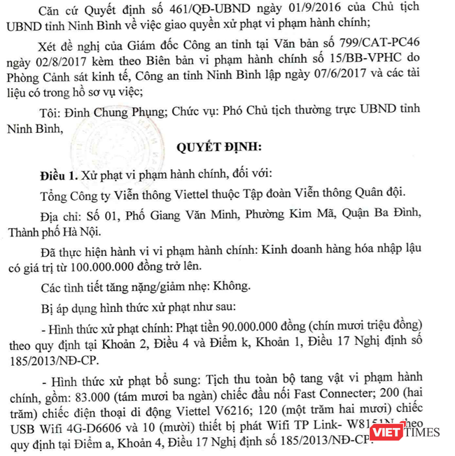 Trích Quyết định xử phạt vi phạm hành chính số 415/QĐ-UBND ngày 03/08/2017 của UBND tỉnh Ninh Bình.