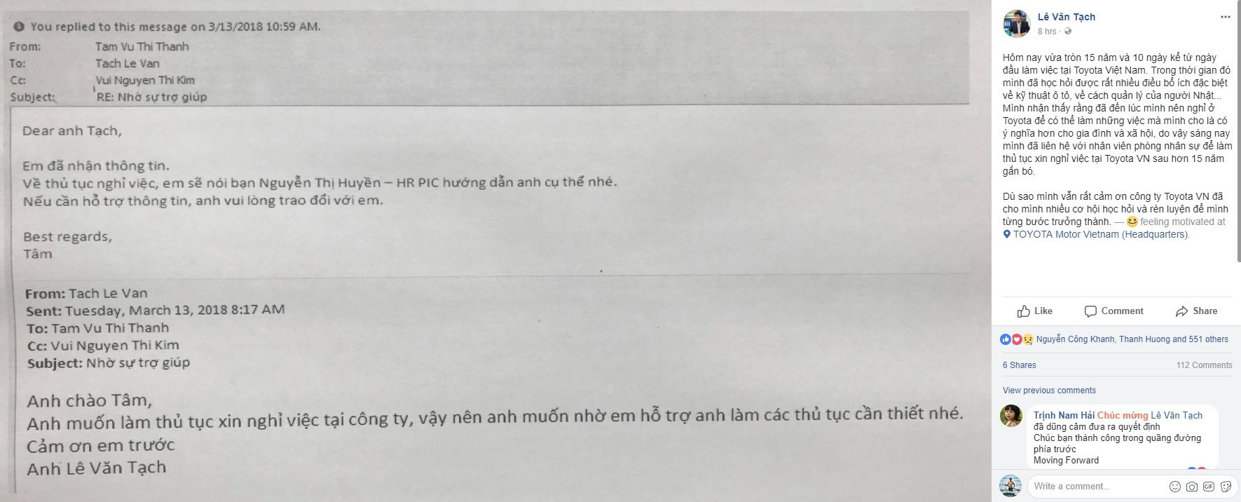 Thông tin xin nghỉ việc tại Toyota Việt Nam của kỹ sư Lê Văn Tạch.