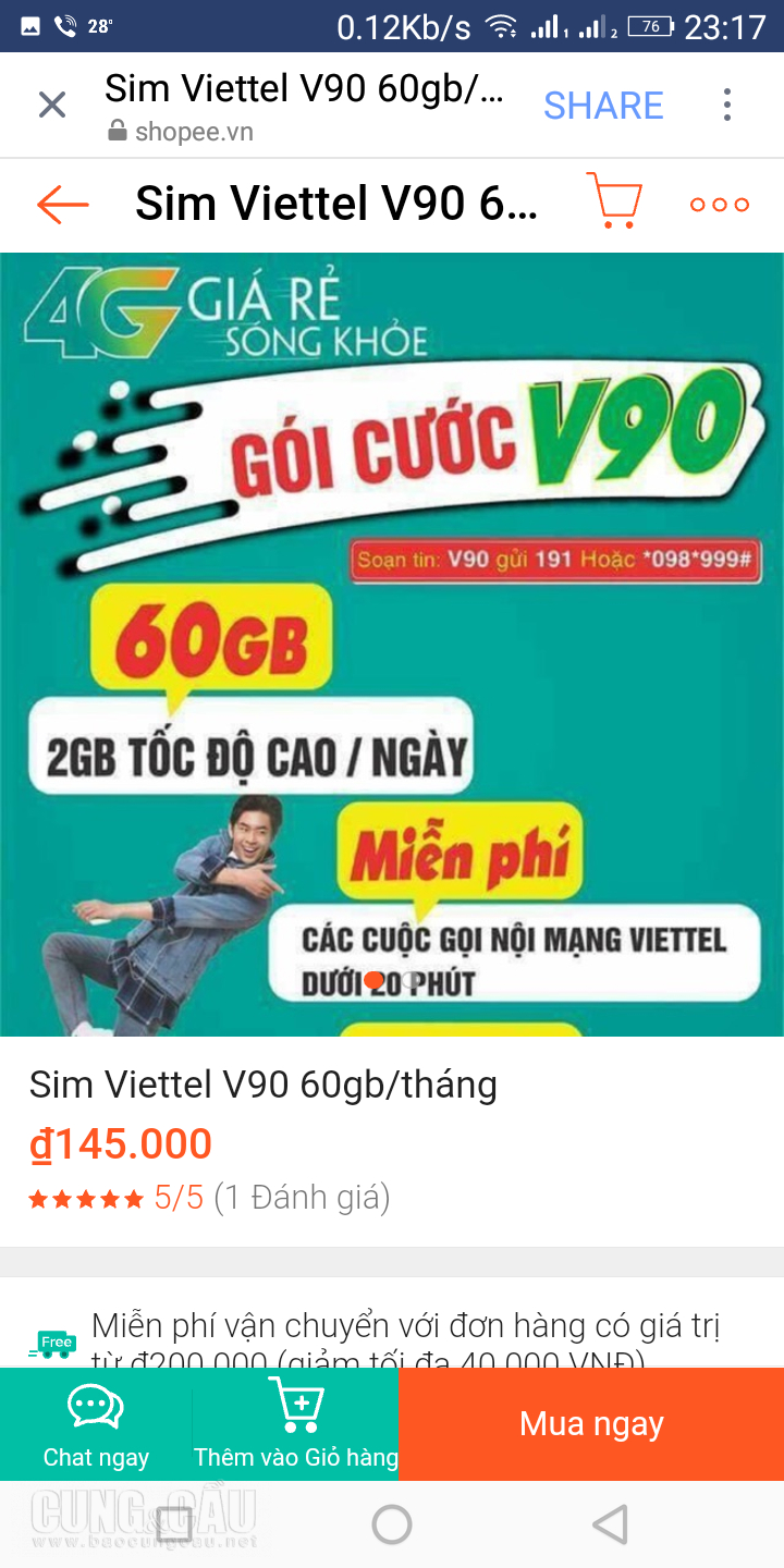 SIM Viettel V90 có giá bán 145.000 đồng trên một sàn thương mại điện tử - Ảnh chụp màn hình.