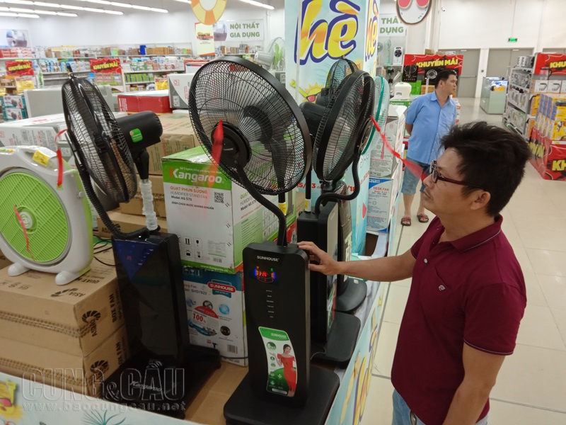 Một khách hàng đang tìm hiểu quạt điều hòa và quạt phun sương để chọn mua tại cửa hàng siêu thị Big C Bình Tân - Ảnh: Minh Định.