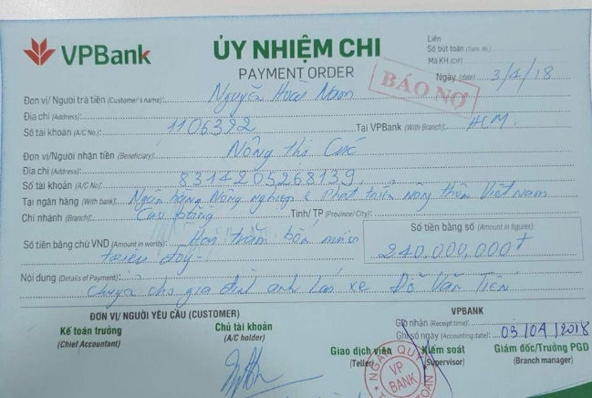 Doanh nhân Nguyễn Hoài Nam đã chuyển 240 triệu cho vợ tài xế Đỗ Văn Tiến.