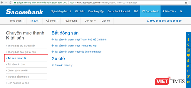   Sacombank đã lập hẳn một chuyên mục thanh lý tài sản trên website. (Ảnh chụp màn hình)  