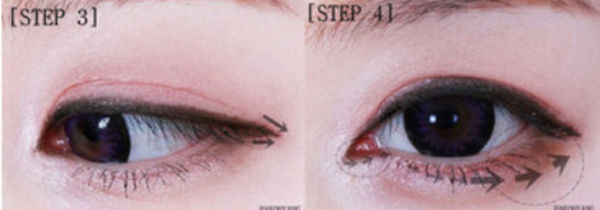   Bước 3: Viền eyeliner đen mảnh sát chân mí mắt trên.   Bước 4: Tán phấn mắt màu nâu đồng ở mí mắt dưới, tô đậm ở đuôi mắt.   