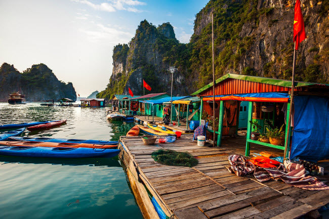 Vịnh Hạ Long, Việt Nam: Khu vực này có khoảng 650 ngôi nhà nổi và cư dân trên các ngôi nhà này sống bằng nghề đánh bánh cá và bán hải sản cũng như đồ lưu niệm cho các tàu du lịch di chuyển qua.