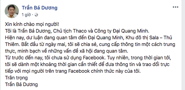 Thông tin được cho là trên trang cá nhân của ông Dương.