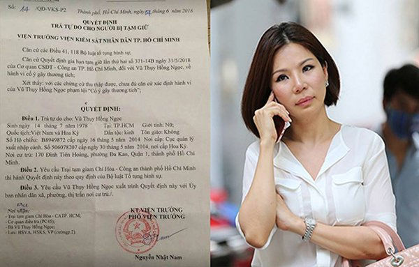 Bà Vũ Thụy Hồng Ngọc bất ngờ được Viện KSND TP.HCM ký quyết định trả tự do (ảnh Vietnamnet).
