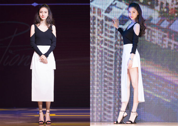 Angelababy khoe chân thon với chiếc váy cách điệu.