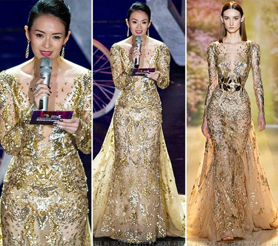 Chiếc váy vàng đính kim sa của Zuhair Murad đã giúp tôn lên vóc dáng tuyệt đẹp của Chương Tử Di.