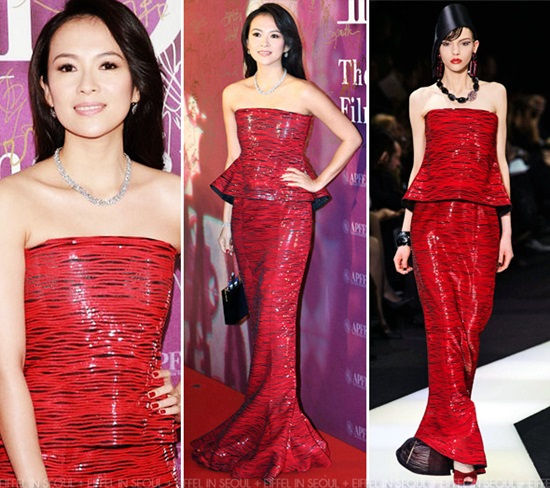 Nữ diễn viên xinh đẹp đã khéo léo kết hợp phụ kiện gồm dây chuyền đính kim cương và clutch đen với chiếc váy quây màu đỏ có bèo nhấn ở eo của Armani Prive.