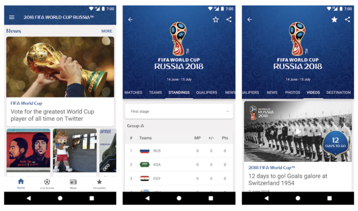 Giao diện ứng dụng FIFA World Cup 2018 Russia trên Android