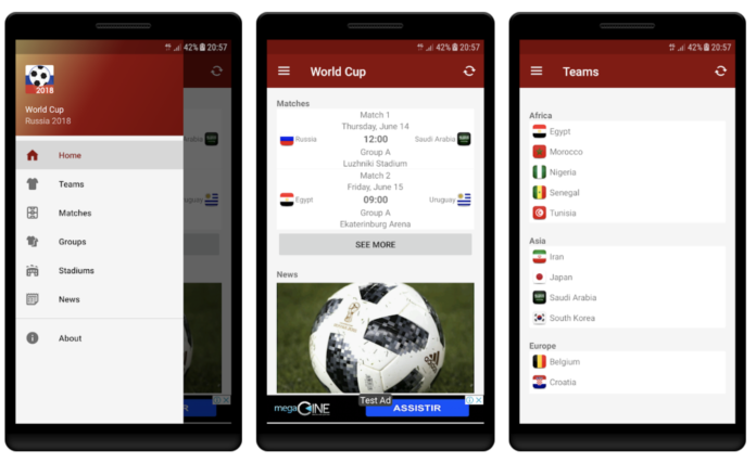 Giao diện ứng dụng World Cup Russia 2018 trên Android