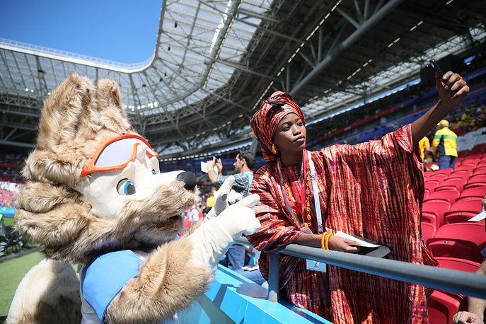  Một người hâm mộ Pháp với cách ăn mặc như Zabivaka the Wolf, linh vật chính thức của Fifa World Cup 2018. Cô cổ vũ cho đội tuyển của mình trong trận đấu vòng loại bảng C giữa Pháp với Australia tại sân vận động Kazan Arena.  