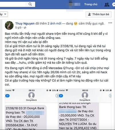 Thông tin mất tiền được khách hàng Nguyễn Phương Thùy đăng trên Facebook cá nhân (ảnh chụp màn hình).