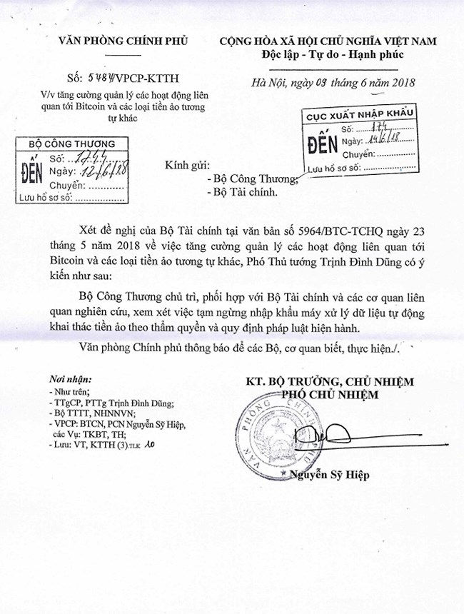 Văn bản của Văn phòng Chính phủ truyền đạt ý kiến của Phó Thủ tướng Trịnh Đình Dũng về việc quản lý nhập khẩu máy đào tiền ảo.