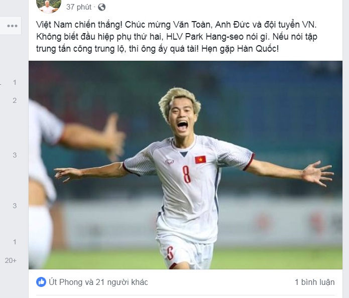 Facebook tràn ngập lời chúc mừng đội tuyển Olympic Việt Nam.