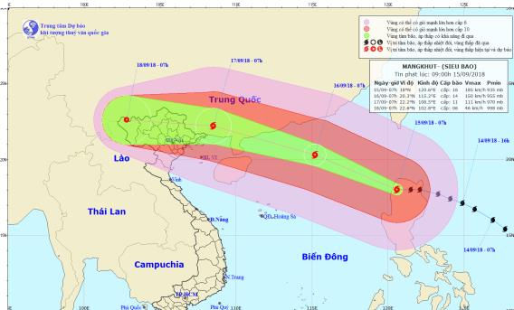 Vị trí và hướng di chuyển mới nhất của siêu bão Mangkhut trên khu vực biển Đông. Ảnh: Trung tâm Khí tượng Thủy văn Trung ương.