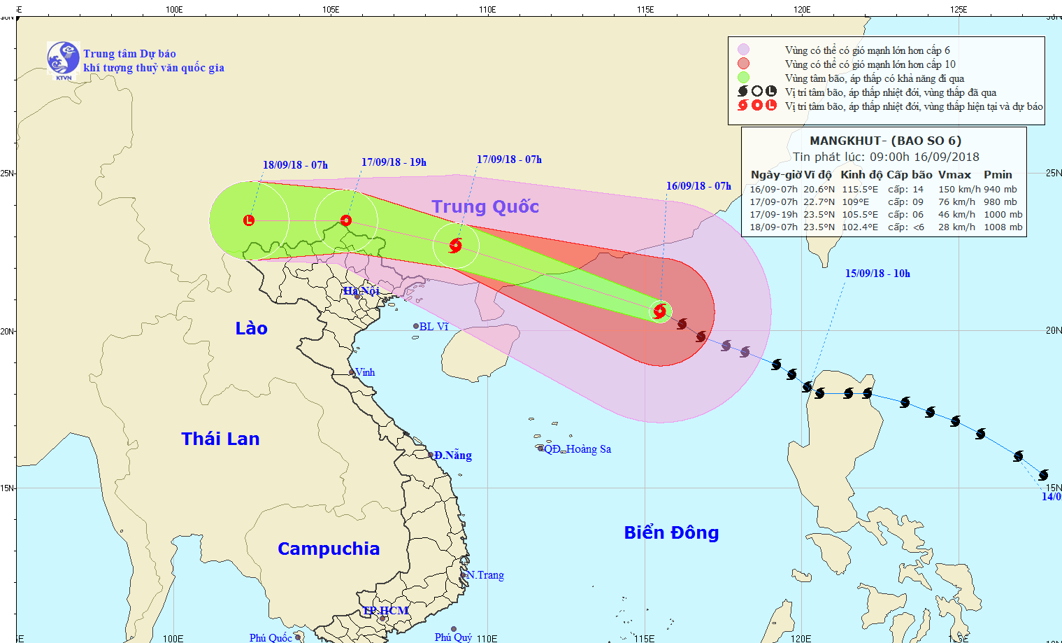 Dự kiến đường đi của siêu bão Mangkhut (bão số 6). Đồ họa của TTKTTV Trung ương.