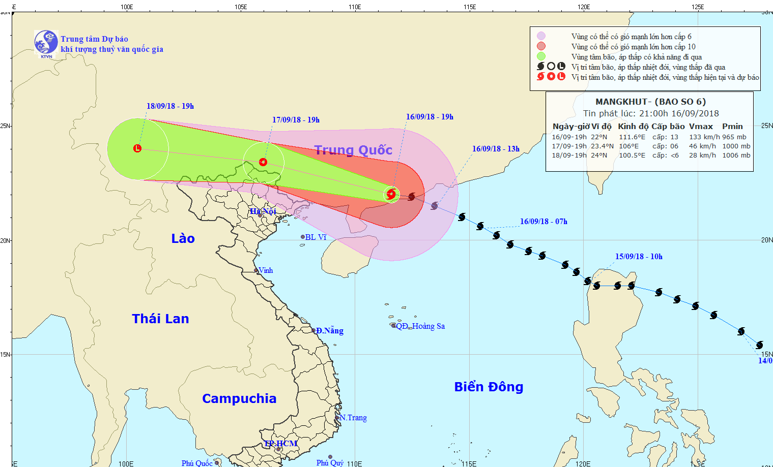 Đường đi hiện tại và dự kiến của cơn bão số 6. Đồ họa của Trung tâm Khí tượng Thủy văn Trung ương.