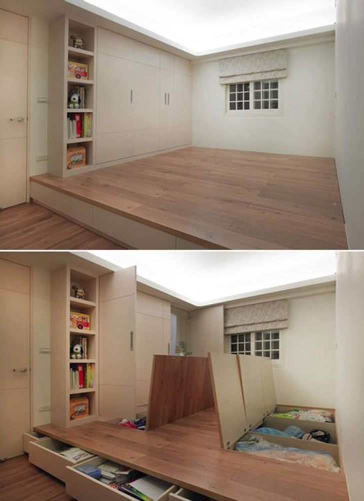 Giải pháp # 2: Một cái kho ẩn: Để làm cho căn phòng trông rộng rãi, hãy thiết kế một cái tủ 