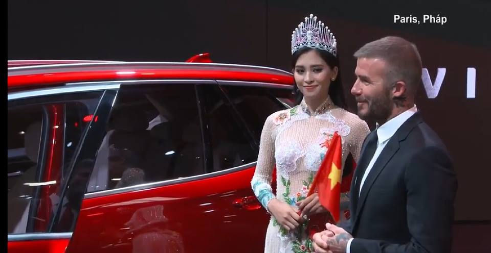 Cựu danh thủ David Beckham và hoa hậu Việt Nam 2018 Trần Tiểu Vy xuất hiện cùng nhau trong buổi ra mắt sản phẩm của VinFast tại Paris, Pháp.
