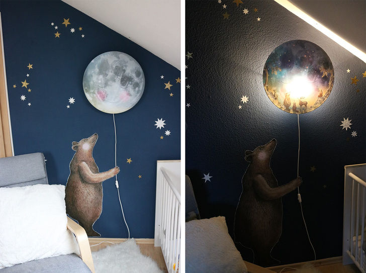 Sự kết hợp của bức tường màu xanh đậm với nhiều ngôi sao lắp lánh màu vàng, bạc, một chú gấu dễ thương và chiếc đèn ngủ như thế này sẽ làm cho trẻ thích thú hơn trong từng giấc ngủ.